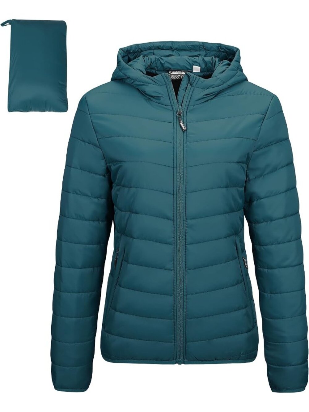 Womens Teal Solid Packable Hooded Full-Zip Warm Winter Quilted Puffer Jacket